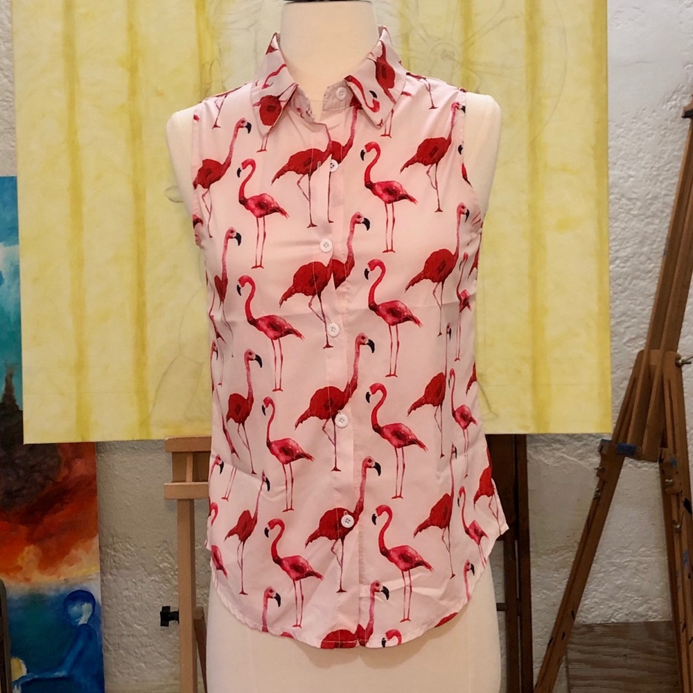 Flamingo Print Button Up Sleeveless Blouse Small